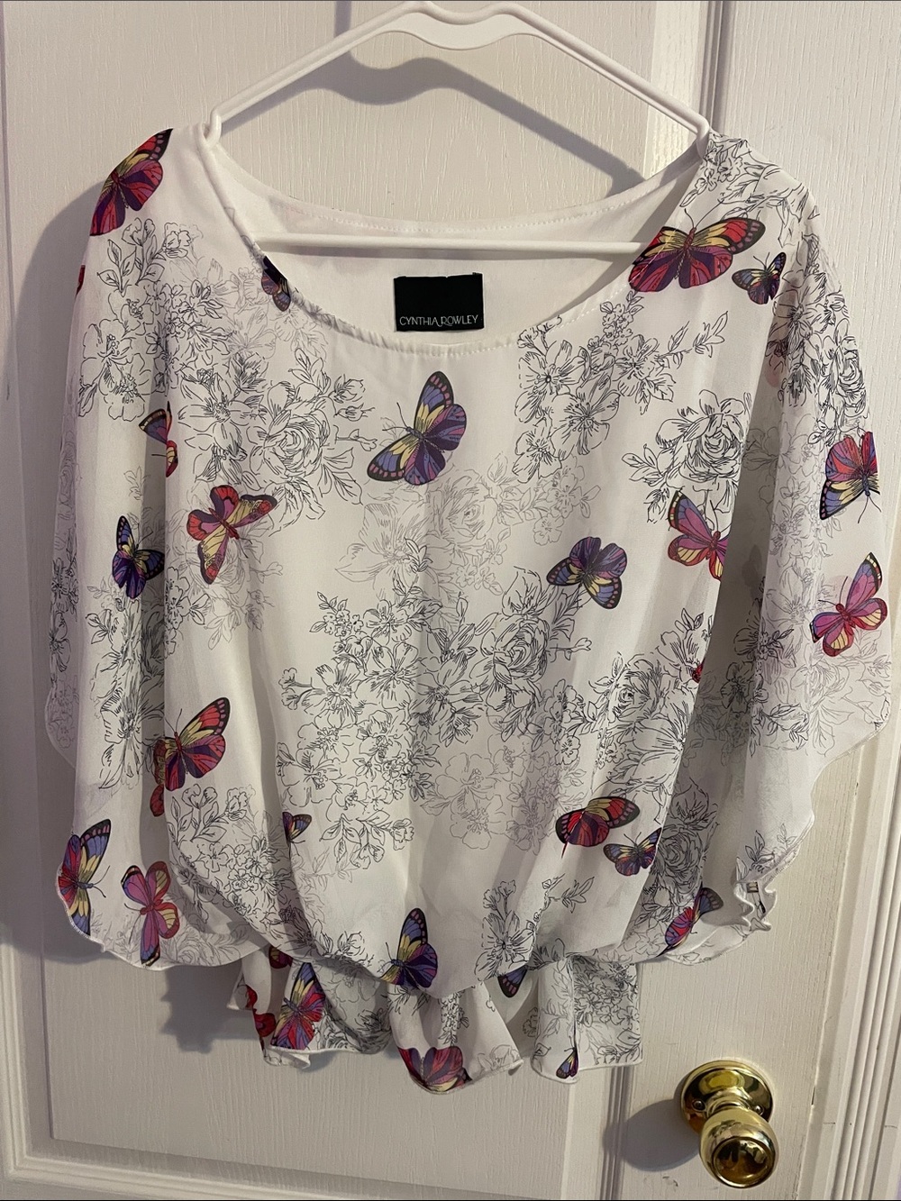 Cynthia Rowley White Boho Style Blouse with Butterfly Print - Size Large